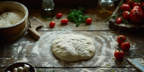 Fototapeta premium Dough on wooden board with tomatoes and herbs in background