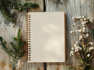 Blank notebook on wooden background with flowers, top view
