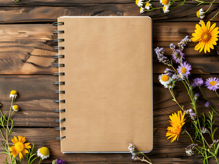 Blank notebook on wooden background with flowers, top view