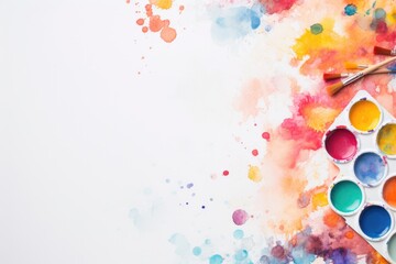 Watercolor paints and brush on a background with colorful splashes