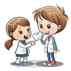 Clipart of children checking teeth with dental on white background