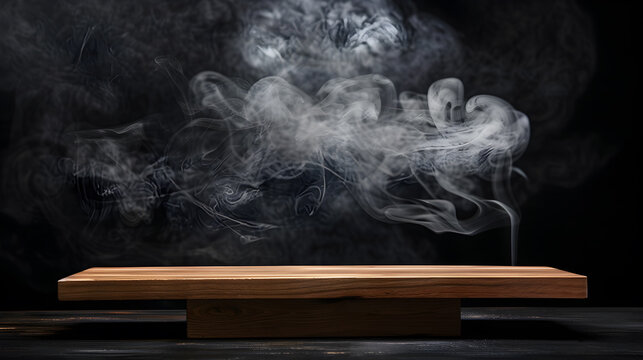 Empty wooden table with smoke rising, black background Free space for displaying products