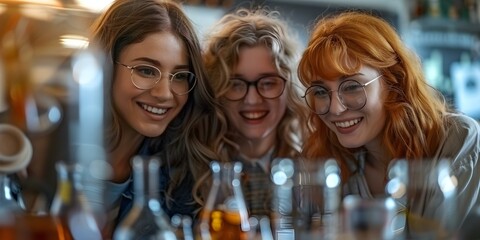 Female students in classroom lab engaged in chemistry experiment together. Concept Chemistry Experiment, Female Students, Classroom Lab, Engaged Learning, Education