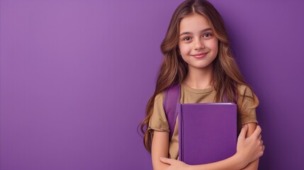 Fototapeta premium Happy kids holding books on purple background. Study concept. Learning concept. School concept. Back to school concept. Knowledge concept. Education concept.
