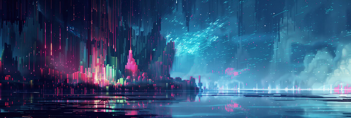Neon Storm Over Cyber City. A mesmerizing abstract cityscape under a vivid neon rain