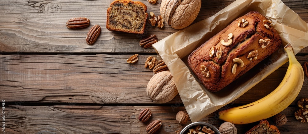 Poster a loaf of bread sits on top of a rustic wooden table, surrounded by a scattering of nuts and a sheet