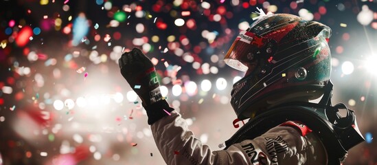 Race car driver celebrating the win in a race, bright stadium light and confetti, winning the...