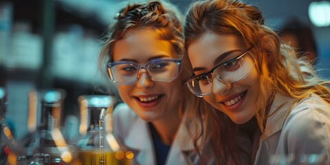 Women in laboratory conducting chemistry experiment collaboratively. Concept Chemistry Experiment, Lab Setting, Women Scientists, Collaboration, Research Discovery