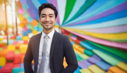 Happy young  business man with colorful, Happy and cool smile on face and colorful background