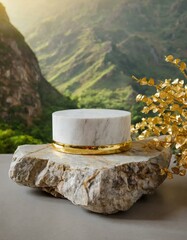 Fototapeta na wymiar podium in the mountains, Luxury natural stone podium gold elements mockups for showing packaging and product on natural background space for text or products, 