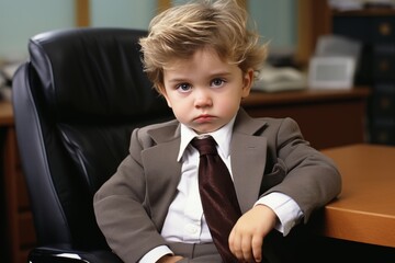 Adorable boy in stylish suit, sitting in modern office chair, looking serious and focused. Captures professionalism and determination. Exudes confidence and potential. - obrazy, fototapety, plakaty