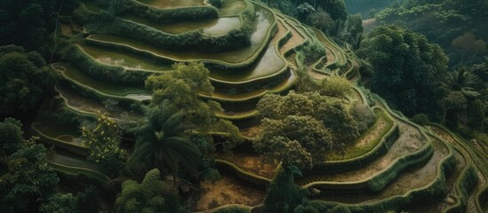 This aerial view showcases the intricate pattern of rice terraces carved into the mountains, surrounded by lush green trees. The terraces reveal the labor-intensive agricultural practices involved in