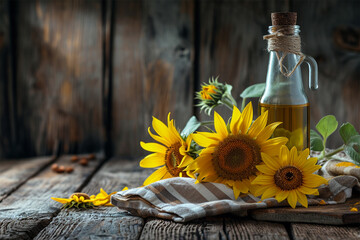 Vibrant sunflowers and a bottle of oil on a rustic wooden surface, embodying a country kitchen atmosphere.copy space - obrazy, fototapety, plakaty