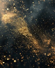 Golden dust and sparks against a dark background.