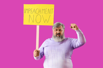 Protesting mature man holding placard with text IMPEACHMENT NOW on purple background