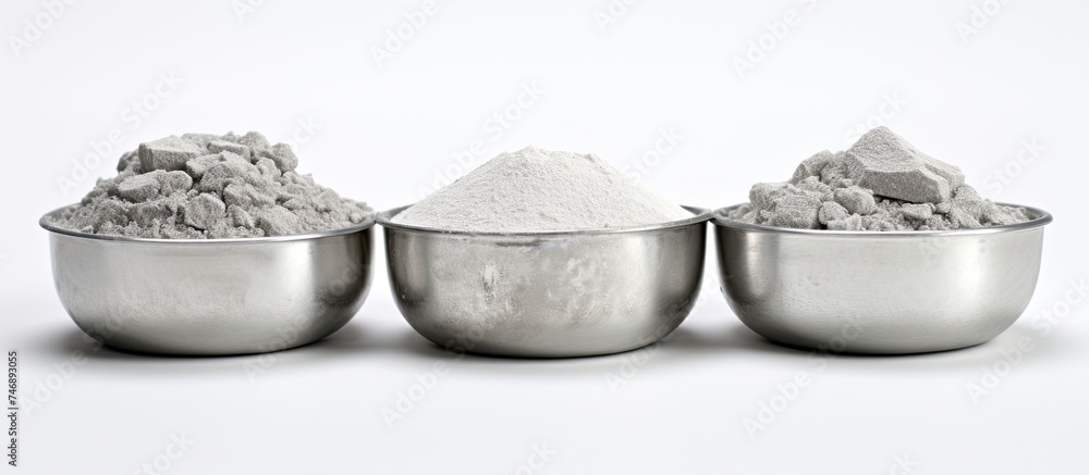 Poster three shiny metal bowls are arranged on a clean white background. each bowl is filled with a differe