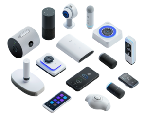  smart home devices, including thermostats, security cameras, and voice assistants on transparent background