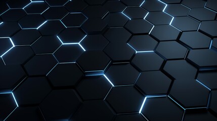 Abstract 3d rendering of the black light blue hexagonal cellular structure with geometric background , High Tech, dark background, digital data background 3d render polygon. - obrazy, fototapety, plakaty