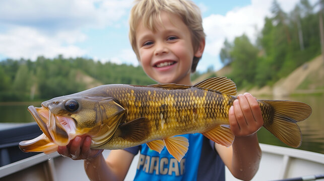 Happy boy holding a big fish he just caught on the lake. First big catch on his life. Young fisherman.