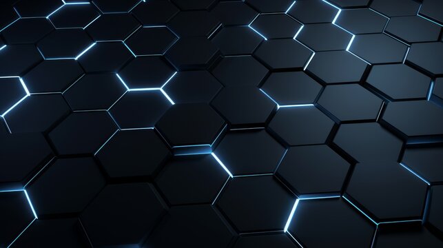 Abstract 3d rendering of the black light blue hexagonal cellular structure with geometric background , High Tech, dark background, digital data background 3d render polygon.