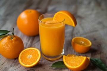 A glass of orange juice with orange slices on a wooden surface.