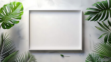 White empty frame surrounded by various tropical leaves on a light background. Flat lay composition with place for text. Interior design and natural concept for poster, invitation, and home decor.