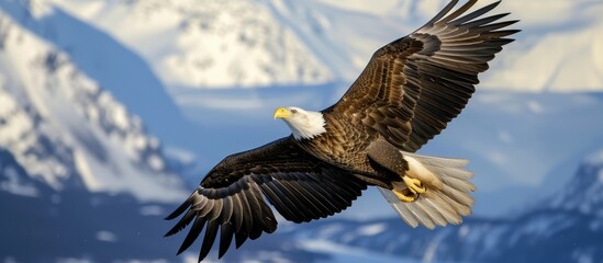 Majestic Bald Eagle Soaring Over Mountain Landscape - Symbol of Freedom and Power