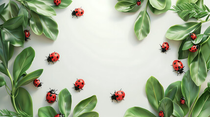 Ladybugs on green leaves frame on white background. Flat lay composition with copy space. Nature and spring concept. Design for invitation, greeting card, environmental campaigns