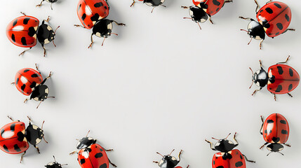 Ladybugs scattered on a white background. Flat lay composition with copy space. Natural world and insect concept for design and print, suitable for educational content or environmental graphics - obrazy, fototapety, plakaty