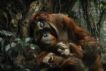 Obraz premium Orangutan mother with her baby resting in the rainforest. Wildlife and primate family concept for design and print. Endangered species and habitat conservation. Endangered animals