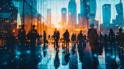 A group of people walking in a city at sunset.