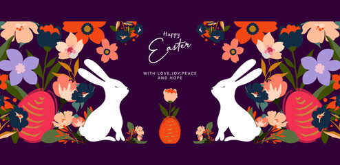 Happy Easter banner with easter rabbit, eggs, roses, leaves, floral bouquets, spring flowers compositions. Trendy poster, banner, greeting card, header or cover for website. Colorful flower collection