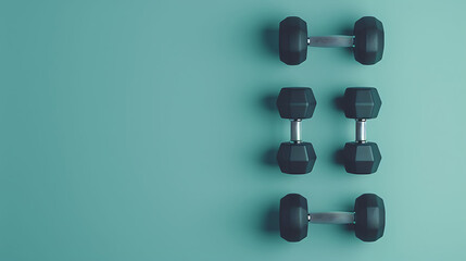 Set of black dumbbells on a teal background. Fitness and gym equipment concept. Design for sport-themed poster, workout advertisement, or gym flyer with copy space