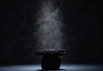 podium made of natural black coal stones for the presentation of cosmetics, jewelry, medicine, skin care, perfumes - 746894403