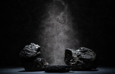 podium made of natural black coal stones for the presentation of cosmetics, jewelry, medicine, skin...