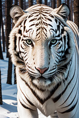 Big White Tiger in Snowy Forest Starring at Camera