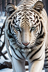 Big White Tiger in Snowy Forest Starring at Camera