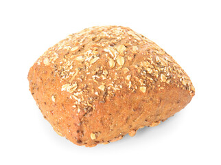 Fresh whole grain bun with seeds on white background