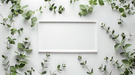 White horizontal frame surrounded by green eucalyptus leaves on a white background. Flat lay composition with place for text. Design for invitation, greeting card, or poster. - obrazy, fototapety, plakaty