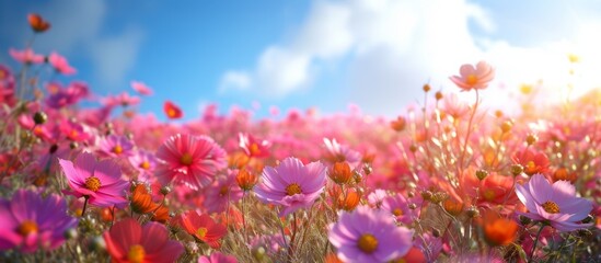 Blossoming Pink Floral Meadow under Clear Blue Sky in Spring Serenity