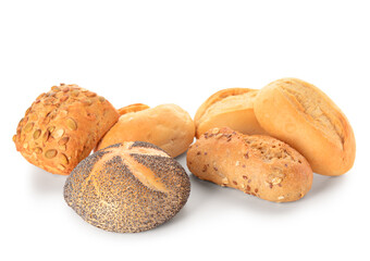 Different delicious buns on white background