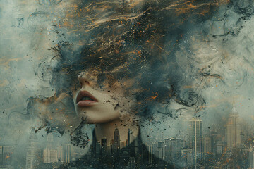 contemporary art collage with a female face covered with a cloud