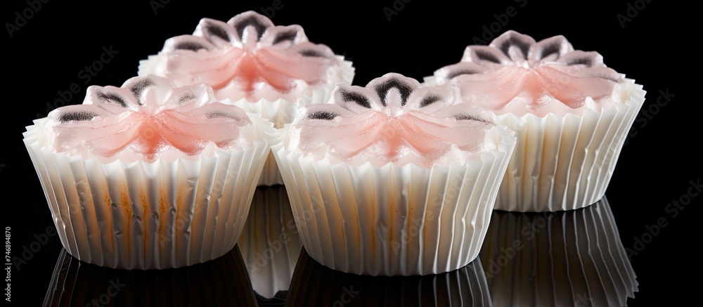 Poster four cupcakes with colorful frosting are displayed on a black surface. the cupcakes are topped with 