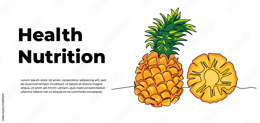 Poster pineapple one continuous line design. fruits symbol design concept. decorative elements drawn on a w