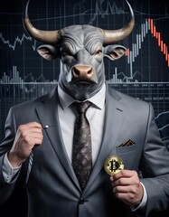 An imposing bull in a business suit gripping a Bitcoin coin showcases the daring spirit of cryptocurrency markets. This visual metaphor mixes animal vigor with the sophistication of investment