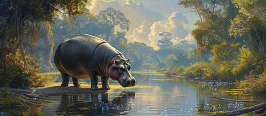 A painting depicting a hippopotamus standing in the water, showcasing the animals large size and unique habitat. The hippopotamus is shown with its characteristic bulky body and short legs, immersed