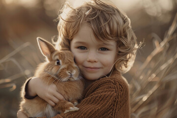 Child Embracing Pet Rabbit in Golden Light