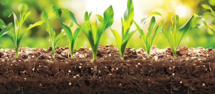 A detailed view of a plant sprouting from the dark soil, showcasing its roots and green leaves as it thrives in its natural environment.