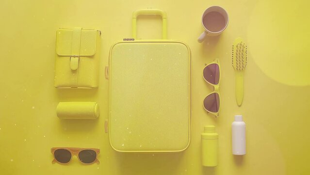 the flat lay a yellow suitcase with accessories. seamless looping overlay 4k virtual video animation background