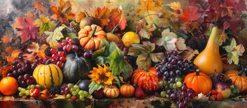 A painting capturing the abundance of fruits and vegetables in an autumn harvest. The image showcases a colorful array of apples, pumpkins, grapes, carrots, and more.